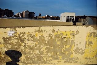 A peeling yellow bridge wall with the Pretoria skyline behind it and the photographer's head-and-shoulder shadow in the lower left corner.