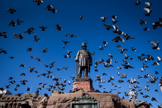 A bronze statue on a plinth almost hidden inside a dense flock of pigeons rising into a blue sky.
