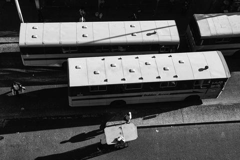High-angle black and white photograph of two long single-decker buses parked on a street, with pedestrians and their long shadows on the pavement.
