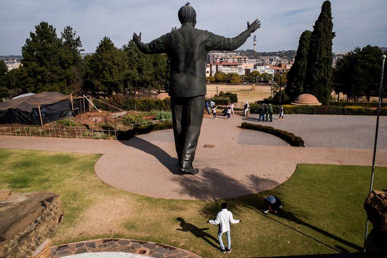 A large bronze statue of Nelson Mandela with arms outstretched on a lawn, a small white dog on the grass in front of it, city visible beyond.